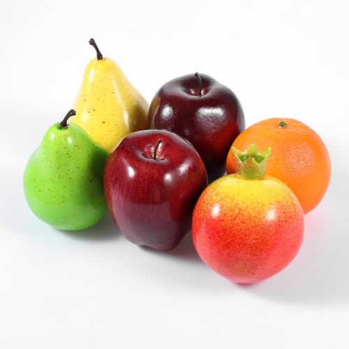 6 Pieces Fake Fruits Set, Lifelike Artificial Fruits for Home Decor, Simulation Fruit Pack for Christmas Decoration, Party, Photography Props Kitchen Bowl Decor Fake Apples Pear Orange Pomegranat