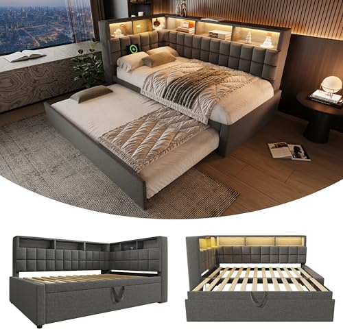 Kebnor Leinen Polsterbett 90x200 mit Ausziehbett 90x190, LED, Bluetooth-Lautsprecher, USB & Type-C Ladeanschluss, L-Kopfteil mit Stauraumregal, Schlafsofa/Gästebett, ohne Matratze (Grau)