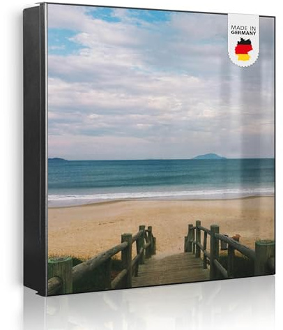 banjado Großer Schlüsselkasten Metall - Schlüsselbox 30x30cm beschreibbarer mit 32 Haken - Schlüsselkasten modern für Schlüsselaufbewahrung - Korpus Schwarz Scharnier Rechts - Motiv Zum Strand