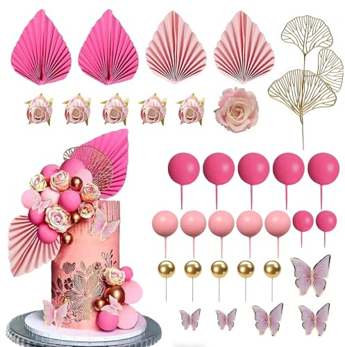 33PCS Ball Cake Toppers, Pink Boho Cake Decor with Butterfly Palm Leaves | Pink Cake decorations, Artificial Rose Flowers for Bachelorette Birthday Party Wedding