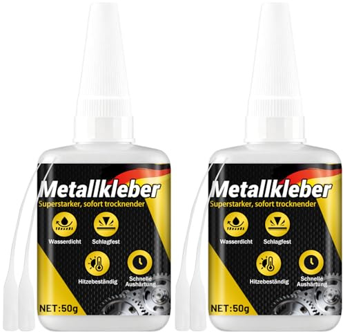 2x50g Sekundenkleber Metall extra stark, Metallkleber extra stark wasserfest, hitzebeständig, transparent, mit Nadel Verschluss gegen Austrocknung, Metall Kleber zum Verkleben von Metallen aller Art