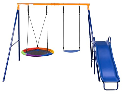 hotsizz Balancoire Exterieur Design 3 en 1 Comprend balancoire Classique/balançoire à Panier Suspendue/Toboggan, 247 × 220 × 179 cm Idéal pour Jardins et Cours