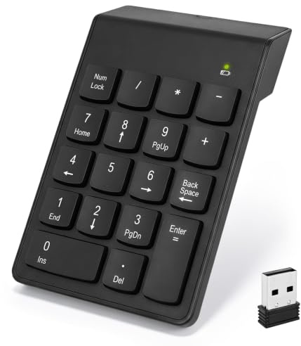 Wireless Numeric Keypad 2.4G Number Pad with USB Receiver, 18 Keys | Portable Mini Numpad Office Calculating Keyboard Extension for Notebook, Laptop, Desktop, Computer, PC, Plug and Play (Black)