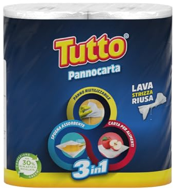 Tutto Pannocarta 3 en 1, 2 Rouleaux de Papier Polyvalents, 1 Voile, 48 déchirures, Extra Absorbant, Lavable et réutilisable Plus de 20 Fois, 100% fabriqué en Italie