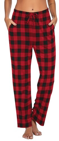 Ekouaer Schlafanzughose Damen Lang Pyjamahose Karierte Schlafhose Weich Pajama Pants für Frauen, Rot Schwarz XL