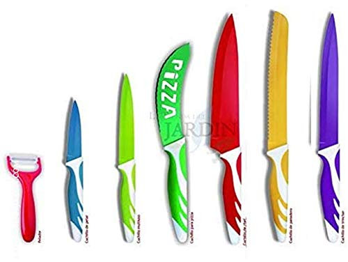 Suinga Lot de 7 couteaux en acier inoxydable Composé de : couteau chef 8 + couteau à pain 8 + couteau à découper 8 + couteau multiusage 5 + couteau à pizza 4 + couteau à éplucher 3.5 + éplucheur