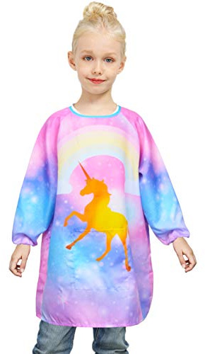 Fiodrimy Kids Art Smock Unicorn Painting Artist Apron Waterproof Paint Smocks Girls Boys Long Sleeve with Pocket for Child 8-12 Years, Medium