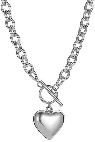 Chain Necklace for Women 18K White Gold Plated Chunky Cuban Chain Link Necklace with Heart Moon Hypoallergenic Jewelry for Women (A-Heart Chain Necklace)