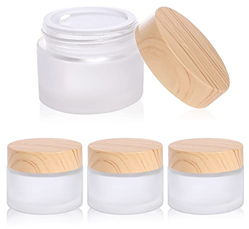 50 Gram/ml Glass Cosmetic Containers with lids，Round Frosted Cosmetic Jars with Leakproof lids,Small Empty Glass Sample Jars for Makeup Lip Scrub Balm Lotions Sample Eye Creams DIY (4 PACK 50ML)