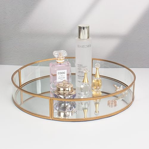 Deko Tablett Rund, SLHEQING Spiegeltablett Gold Badezimmertablett Glass Make up Organizer Vintage Kosmetik Organizer Aufbewahrung Tablett für Badezimmer Schminktisch
