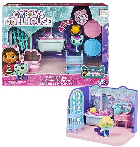 DREAMWORKS GABBY'S DOLLHOUSE - Deluxe Raum, Primp and Pamper Bathroom, Badezimmer mit Meerkätzchen (engl. MerCat), 3 Möbelstücken und 2 Überraschungsboxen mit Zubehörteilen, 3 Jahren