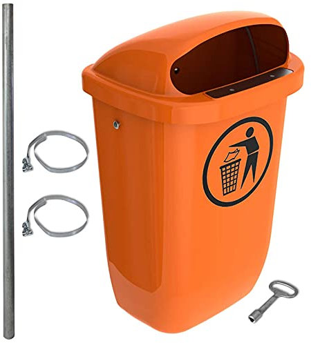 SULO Corbeille à papier originale avec housse de pluie - Fabriquée en Allemagne - 50 l - Orange - Avec 2 colliers de fixation + 1 clé triangulaire + 1 poteau de fixation - H 740 x 432 x P 256 mm