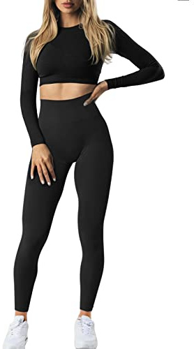 JN JANPRINT 2 Pezzi Set da Palestra per Donna Maniche Lunghe Crop Top con Pantaloncini alti senza cuciture Set da Yoga Abbigliamento Sportivo Attivo, Black Marl, S