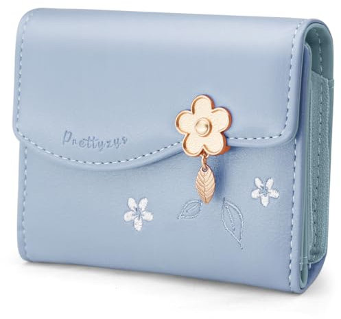 HNOOM Damen Geldbörse aus Glattem und Weichem PU Leder - Klein und Kurzformat Portemonnaie mit Reißverschluss, Druckknopf und Vielen Fächern (S-Blau)