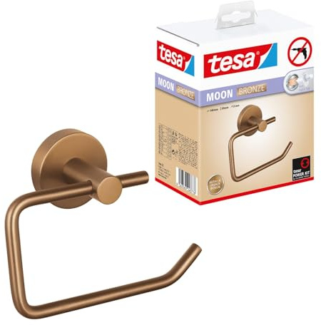 tesa Moon Porte Rouleau Papier Toilette en Bronze Brossé - Dérouleur Autocollant sans Couvercle en Métal, Revêtement PVD - sans Perçage, avec Solution Adhésive - 99 mm x 140 mm x 53 mm