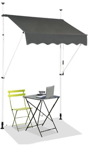 HOMASIS Klemmmarkise 150/200/250/300/350/400cm, höhenverstellbarer Sonnenschutz, Markise Balkon ohne Bohren, Balkonmarkise mit Handkurbel, UV-Schutz, Gelenkarmmarkise für Außenbereiche (Grau+1,5 m)
