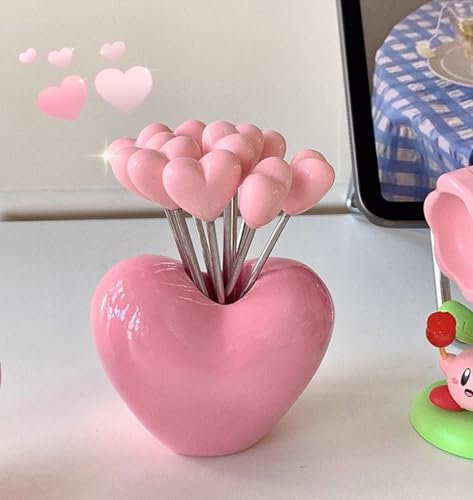 Set di 10 forchette da frutta in acciaio inox e 1 supporto rosa, forchette per frutta e insalata