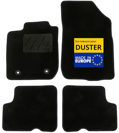 DBS – Auto-Fußmatten – passgenau für Dacia Duster (04/2010-12/2013) – rutschfest mit Befestigungsclips – 4 Automatten vorne/hinten – Teppichboden schwarz
