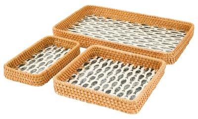 Rattan-Serviertablett mit Perlmutte inlage,Handgewebtes dekoratives serviertablett, Frühstückstablett, Obstteller, küchentablett (Schwarz, Rechteckig,3 Stück)