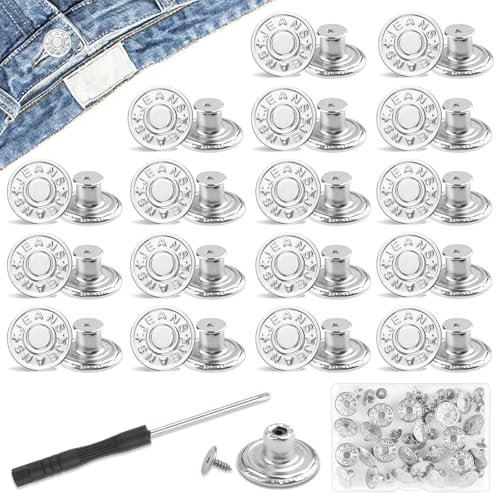 Lot de 24 boutons de rechange réglables pour jeans Ø 20 mm avec tournevis en laiton pour réparation de jeans, pantalons, argentés