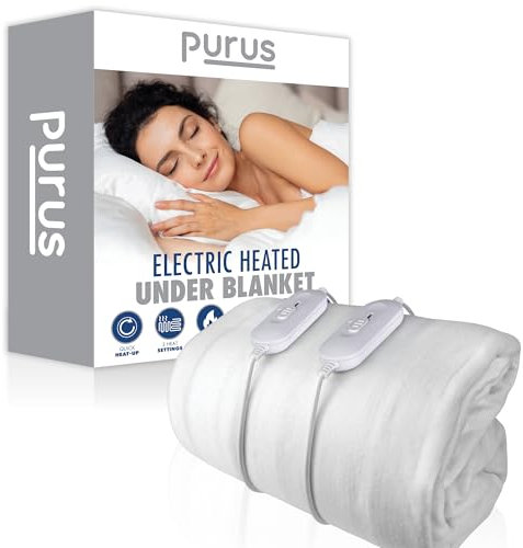 Purus Superking Electric Blanket 203x182cm, Fully Fitted Soft Polyester Electric Blanket, Underblanket Mattress Cover, 3x Heat Settings, 2x Controllers and Machine Washable White Heated Blanket