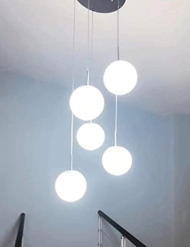 CWZZWS Escaliers Modernes Long Lustre Lustre Minimaliste pour Salon Duplex pavillon Lustre Villa Multi Boules de Verre Long Lustre Mode créatif Restaurant Lustre 5|6 pièces Verre Blanc fabriqué en