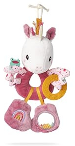 LILLIPUTIENS, Léna Anneaux Multi-Activités, Dès 3 Mois | Peluche Licorne avec un Anneau de Dentition et un Pouet, Hochet à Billes et 2 Poignées, Papier Bruyant dans la Tête