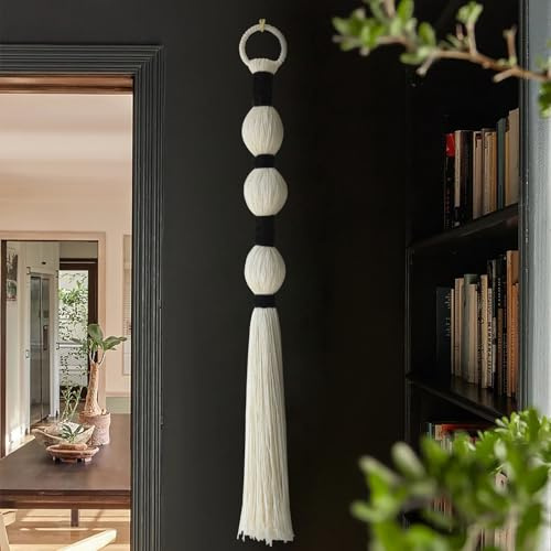 IOWER Macrame Wall Hanging Boho Wall Decor Small Sphericity Cotton Textile Tassel Hanging Fiber Yarn Art for Living Room Bedroom 27'' L x 2.3'' W