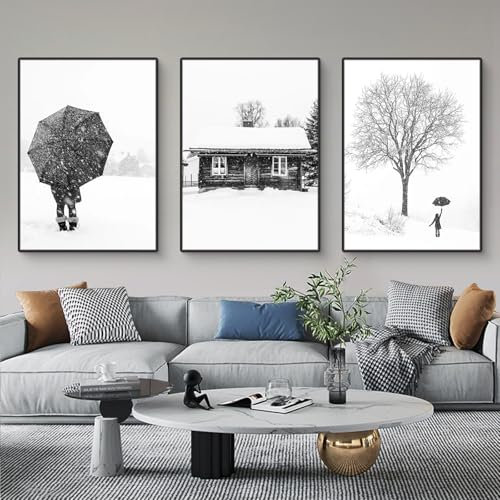 Fiwzzdur 3er Premium Poster Set, Winter Schneelandschaft Bilder Poster & Kunstdrucke, Moderne Schwarz und Weiß Wandbilder Set Ohne Rahmen, Wanddeko für Schlafzimmer Wohnzimmer Büro (DEF,40x50cm)
