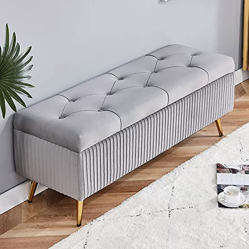 Moderne Samt-Aufbewahrungsbank, Ottomane mit goldfarbenen Metallbeinen, Knopf, getuftet, gepolsterte Fußstütze, Ottomane mit Stauraum, Bettbank, Eingangsbank für Wohnzimmer, Schlafzimmer, Grau, klein