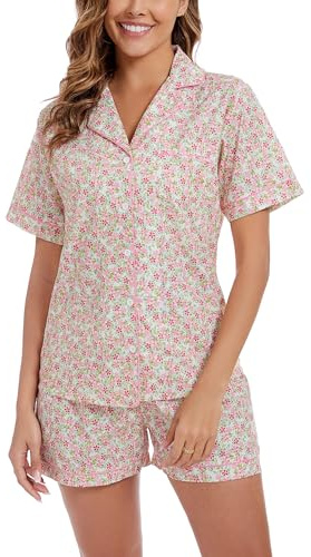 LUBOT 100% Cotton Pyjamas Set for Women Ladies, Woven Short Sleeve Button Down Pajamas, Two Piece Pjs for Female Sets Sleepwear Loungewear (Red Floral, M)