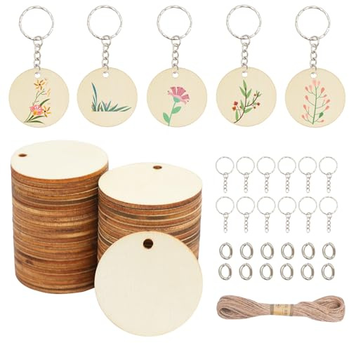 Dluszert 120 Stück 3.5CM Runde Holzscheiben mit Loch, Natürliche Holzkreise | mit 60 Stück Schlüsselanhänger, Holzanhänger Rund zum Basteln, Holzplättchen Rund für DIY Handwerk Streudeko Hochzeit