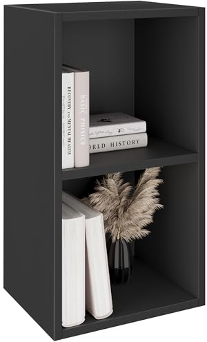 2 Tier Small Bookcase, Cube Storage Bookshelf, Wooden Shelving Display Unit, Freestanding Open Book Shelf for Office, Living Room, Bedroom, Furniture, Black H54 x W30 x D24 cm
