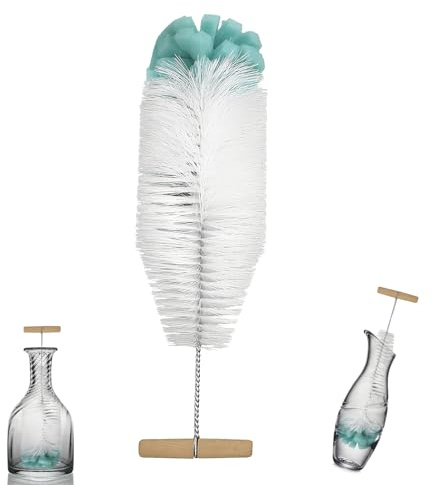 Goupillon Long 32 cm, Brosse de Nettoyage pour Bouteille, avec poignée Ergonomique, Poils Blancs, éponge Verte, idéale pour Les Bouteilles SodaStream (Verre/Plastique), Nettoyage Puissant, Brosse