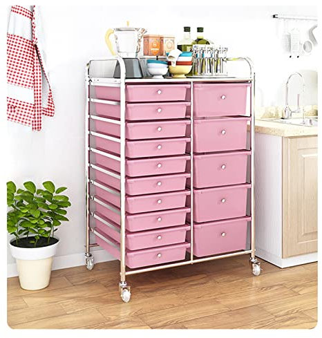 Carrello rosa con ruote, 15 cassetti, scaffalatura per artigianato, ufficio e salone, con piano d'appoggio, soluzione versatile per riporre oggetti mobili