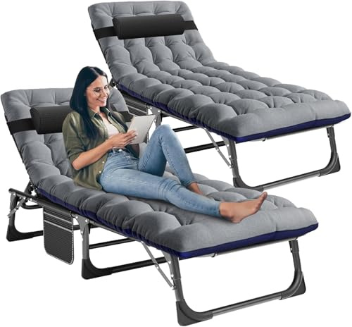 Ryuhic 2er Set Sonnenliege Liegestuhl Klappbar Strandliege Gartenliege | 200KG Belastbar Klappbett mit Matratze und Nackenkissen, Verstellbare Relaxliege Campingliege für Outdoor Balkon