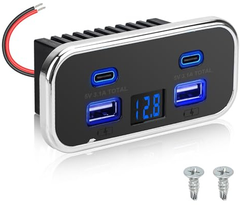Linkstyle Prise USB RV 62W, Double Ports USB-A et Double Ports Type-C, Panneau de Prise avec Voltmètre pour Voiture, Camion, Bateau 12V/24V