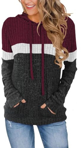 Cuptacc Hoodie Damen Elegant Pullover Tunika Damen Langarm Ausgefallene Pullover Mit Kapuze Hoodie Farbblock Weinrotgrau M 38-40