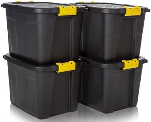 MaryMo Strata Heavy Duty 4 x 42L Black Storage Crates & Lids Black Yellow Handles