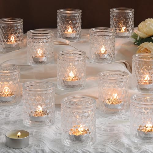 LETINE 12 Stück Klare Teelichthalter, Glas Kerzenhalter, Langlebig und Hochwertige Teelichtgläser, 6,7 X 5,5 cm kerzengläser, Geeignet für Partys, Festivals, Hochzeiten, Heimdekoration