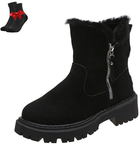 EDAT Women's Snow Boots Mid-Calf Boot, Waterproof Winter Boots for Women, Solid Color Fluffy Boots with Side Zipper(Black,7.5 UK)