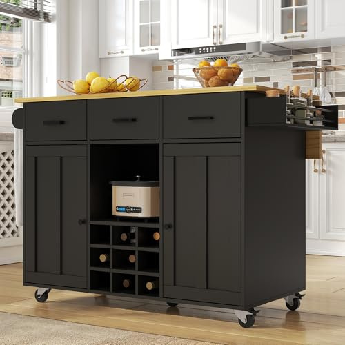 Köksvagn med vikbar bordsskiva 104 x 65 cm | serveringsvagn på hjul med 3 lådor och vinställ | köksö svart med kryddhylla och handdukshållare | bufféskåp kökspappersrulle, 60 kg lastkapacitet