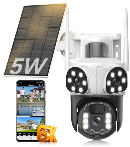 Calike 4K Triple Lente Camara Vigilancia WiFi Exterior con Panel Solar, 360°PTZ,Detección Humana PIR,Visión Nocturna en Color, Audio Bidireccional, Seguimiento Automático,Sirena,IP66,2.4G/5GHz,IP66