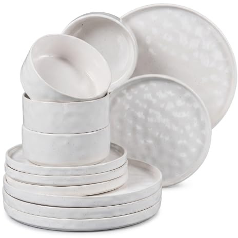 HaWare Dinner Set, 12 Piece Dinnerware Plates and Bowls, Speckled White | Elegant Stoneware, Ripple Surface, Service for 4, Chip and Scratch Resistant, Microwave & Dishwasher Safe
