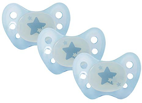 Dentistar® Night Silikon-Schnuller - Größe 1, von Geburt an, 0-6 Monate - Nacht-Leuchtschnuller, Nuckel leuchtend, für neugeborene Babys, Sterne blau - 3 Stück