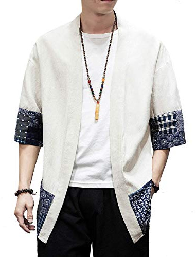 PRIJOUHE Kimono-jackor för män cardigan lätt vardaglig bomullsblandningar linne sju ärmar öppen framsida kappa ytterkläder, BEIgE, XL