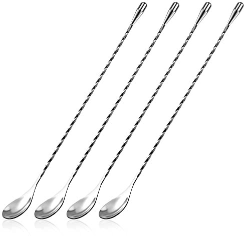 Barlöffel Edelstahl Cocktail Löffel Langer Griff Cocktail-Rührer Spiralmuster Cocktail-Mixlöffel Professioneller Cocktailrührlöffel 30cm 4 Stück (Silber)