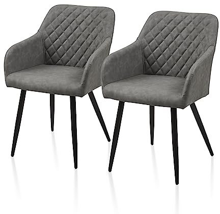 TUKAILAI 2er Set Esszimmerstühle Kunstleder Stühle Hellgrau | Küchenstühle mit Armlehnen,Rückenlehne,Metallbeinen Moderne Polsterstuhl für Esstisch Küche Wohnung,abwischbare Oberfläche