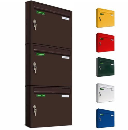 AL Briefkastensysteme Basic 3er Briefkasten RAL 8017 Schokoladen Braun 3 Fach DIN A4 wetterfest Briefkastenanlage mit Posthaltebügel und 2 Namensschildern