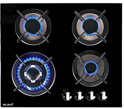 BELDEKO - Plaque de cuisson gaz - 4 Foyers - Double couronne - 7800W - encastrable - verre noir